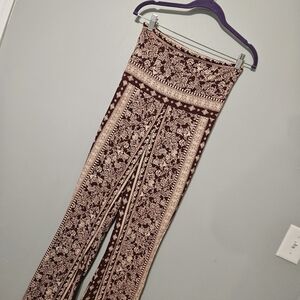 Floral Print Flair High Waist Pants - Burgundy and Cream